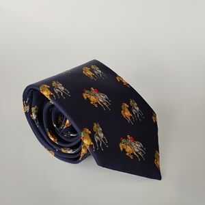 Benjamin James Navy Blue Luxury Silk Tie with Jockey and Race Horses 
